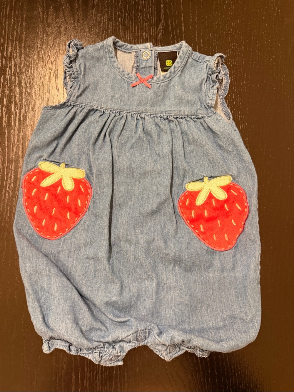 John Deere Light Blue Denim-Look Baby Dress with Pink Bow